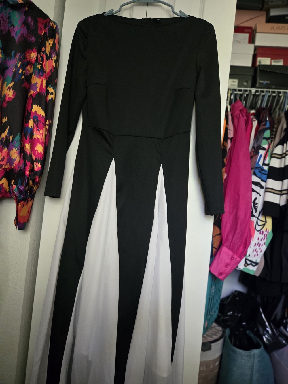 Black and White Long Sleeve Panel Maxi Dress